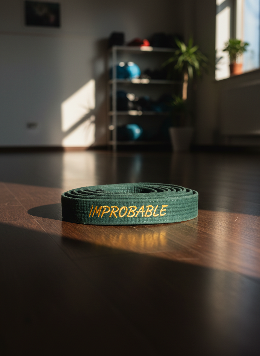 A well-worn, dark green karate belt coiled with precise symmetry on a polished wooden dojo floor, the fabric slightly frayed at the edges, embroidered with subtle gold characters spelling “Improbable.” Around it, the floorboards show faint scuff marks that suggest years of disciplined practice. Late afternoon light pours in from unseen high windows, creating a cinematic, diagonal beam that catches the belt’s texture and casts a long, elegant shadow. The background falls into a soft, indistinct blur of dojo walls and equipment racks, emphasizing the belt as the central symbol of the memoir. Shot at eye level with a shallow depth of field, the mood is reflective and sophisticated, evoking legacy and quiet resilience in a richly cinematic, photorealistic style.