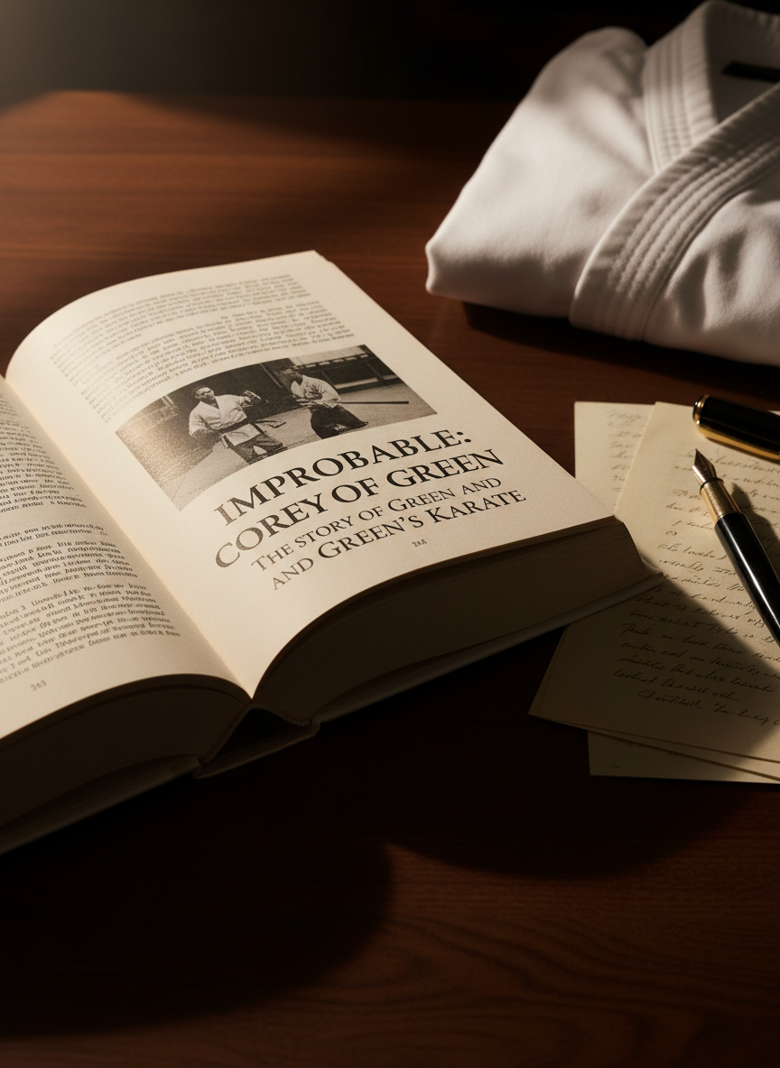 An open, hardcover memoir titled “Improbable: The Story of Corey Green and Green’s Karate” resting on a dark walnut desk, its creamy pages slightly curled from repeated reading. Beside it lies a vintage black fountain pen with a gold nib, a few handwritten notes visible beneath translucent tracing paper. A single, neatly folded karate gi rests in the background, its crisp white fabric softly illuminated. Warm, directional lamplight from the upper left pools across the book’s spread, creating cinematic highlights on the ink and subtle shadows along the page edges. Captured from a slightly elevated angle using the rule of thirds, the scene feels intimate, scholarly, and sophisticated, blending literary gravitas with the discipline of martial arts in a clean, cinematic aesthetic.