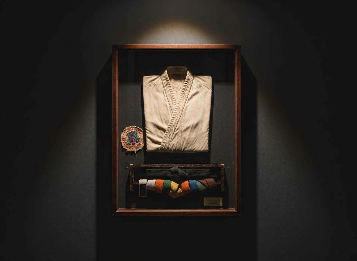 A meticulously arranged shadowbox display mounted against a deep charcoal wall, containing a preserved karate uniform, a faded dojo patch, an old wooden belt rack, and a small plaque reading “Green’s Karate – Est. 19XX.” Each item shows gentle wear: faint wrinkles in the gi, minor nicks on the wood, soft discoloration on the patch’s threads. A single overhead spotlight creates a dramatic, cinematic pool of light, leaving the surrounding wall in velvety darkness and casting elegant, elongated shadows. Shot straight-on with sharp focus throughout, the composition is symmetrical and museum-like, suggesting an official archive of a life’s work. The atmosphere is reverent, contemplative, and sophisticated, echoing the memoir’s tone and emphasizing lineage, memory, and legacy in a photorealistic style.